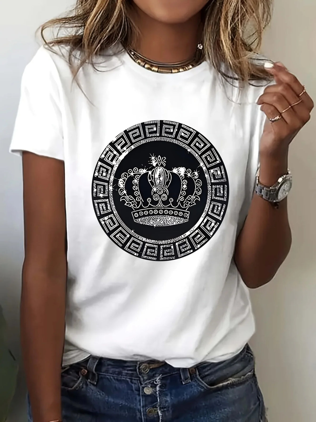 Luxury Crown Medallion Graphic Tee – White
