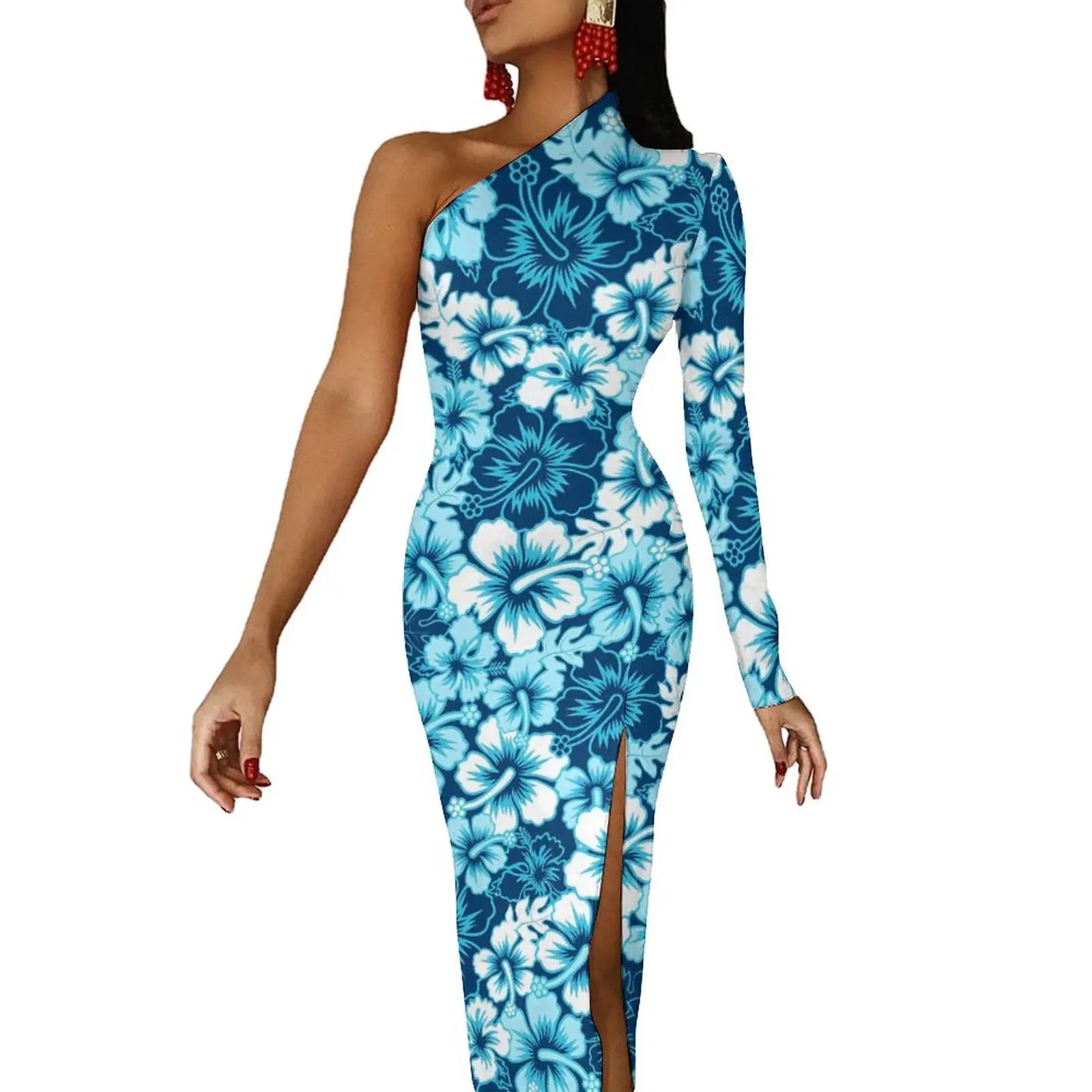 One-Shoulder Floral Print Bodycon Maxi Dress