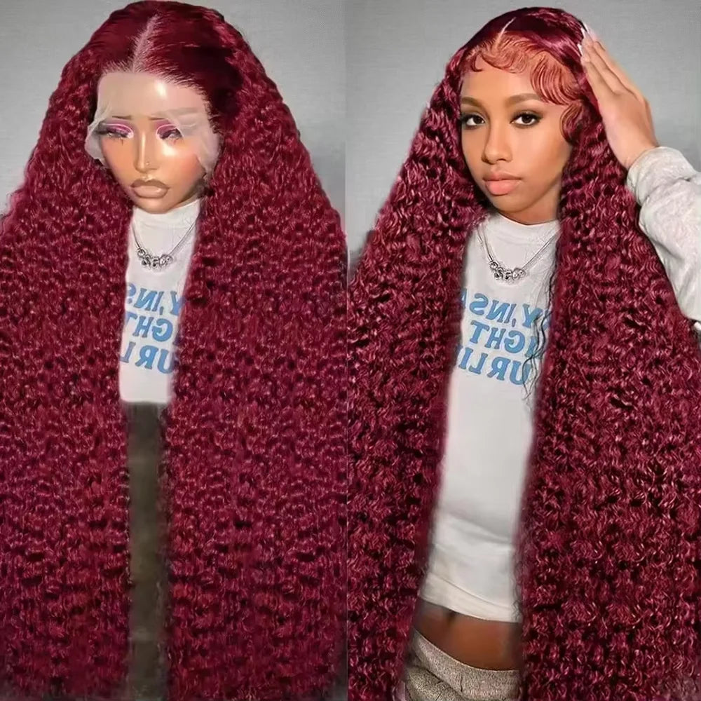 46 Inch Deep Wave High Density 99j Burgundy 13x6 Lace Frontal Human Hair Curly Wig Red Colored 13x4 HD Lace Front Wig For Women