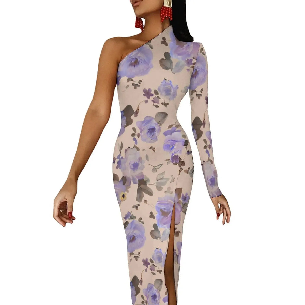 One-Shoulder Floral Print Bodycon Maxi Dress