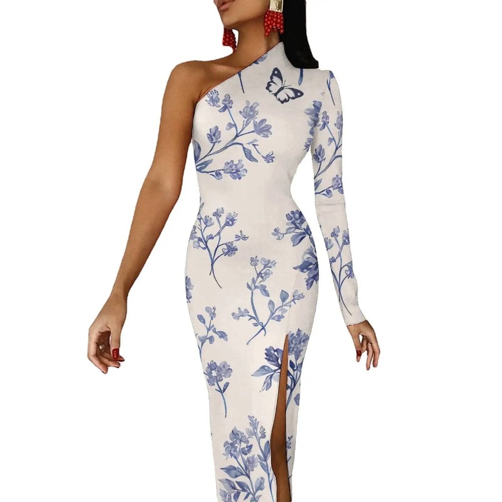 One-Shoulder Floral Print Bodycon Maxi Dress