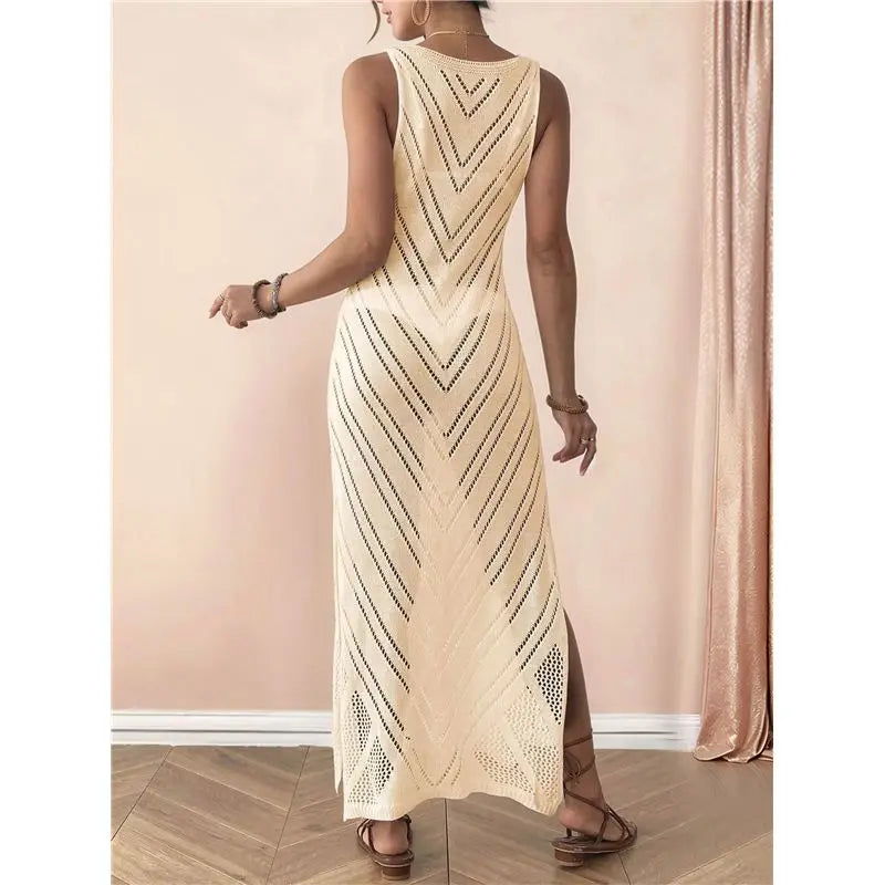 ABUE-Women's Crochet Coverups Sleeveless Beachwear Dresses Side Slit Maxi Beachwear