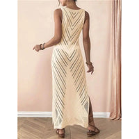 Crochet Knit Beach Cover-Up Maxi Dress – Sleeveless & Side Slit