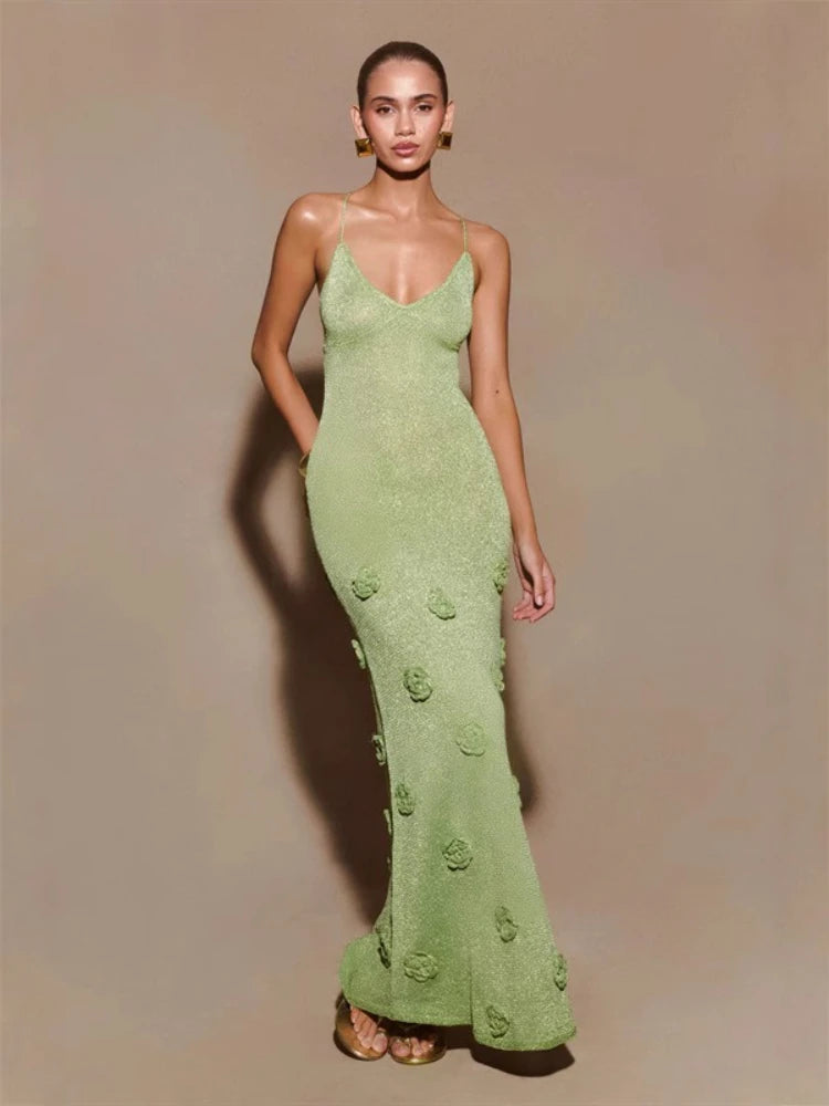 Boho Floral Lace High Waist Crochet Maxi Dress
