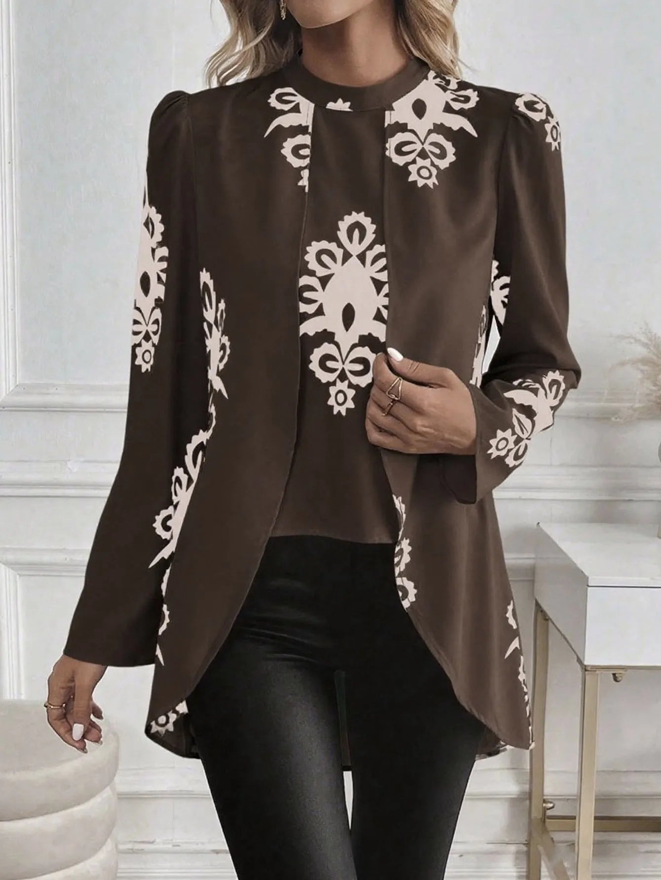 Fake Two-Piece Print Long Sleeve Blouse