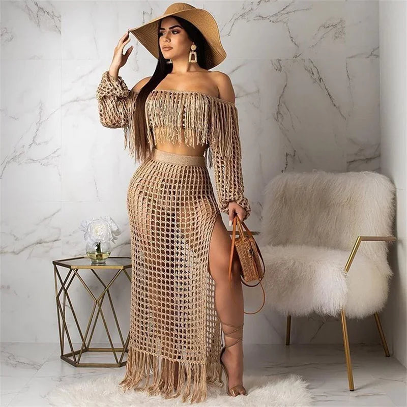 Fringed Tassel Crochet Hollow-Out Maxi Dress