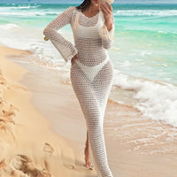 Long Sleeve Open Knit Crochet Maxi Cover-Up Dress