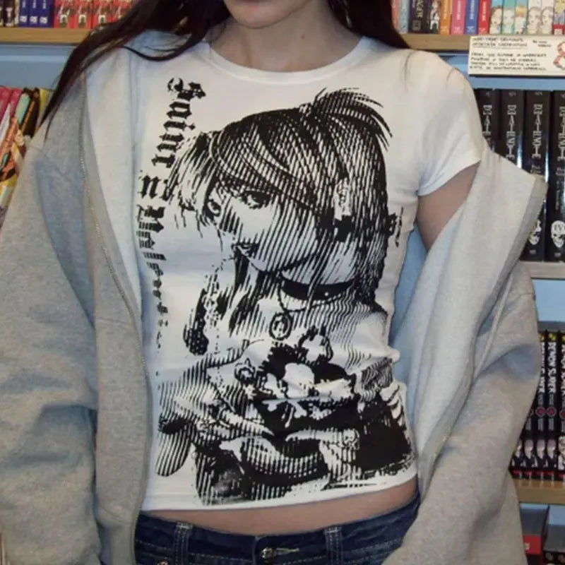 Y2K Anime Print Vintage Crop Tee