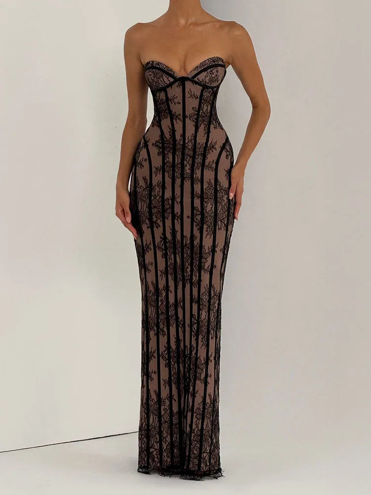 Striped Strapless Backless Bodycon Maxi Dress