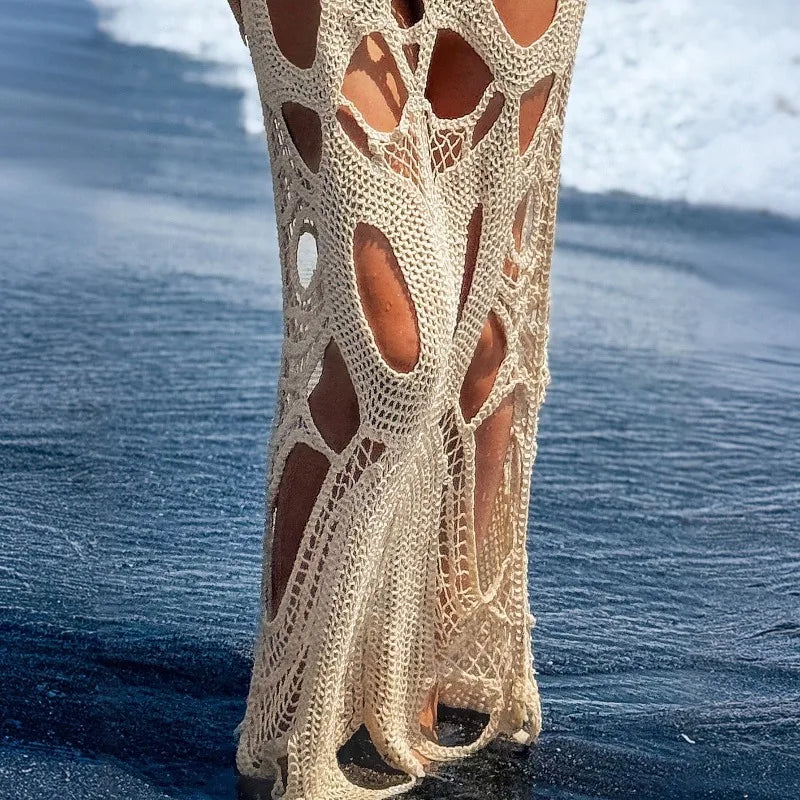 Lace-Up Halter Backless Crochet Maxi Cover-Up Dress