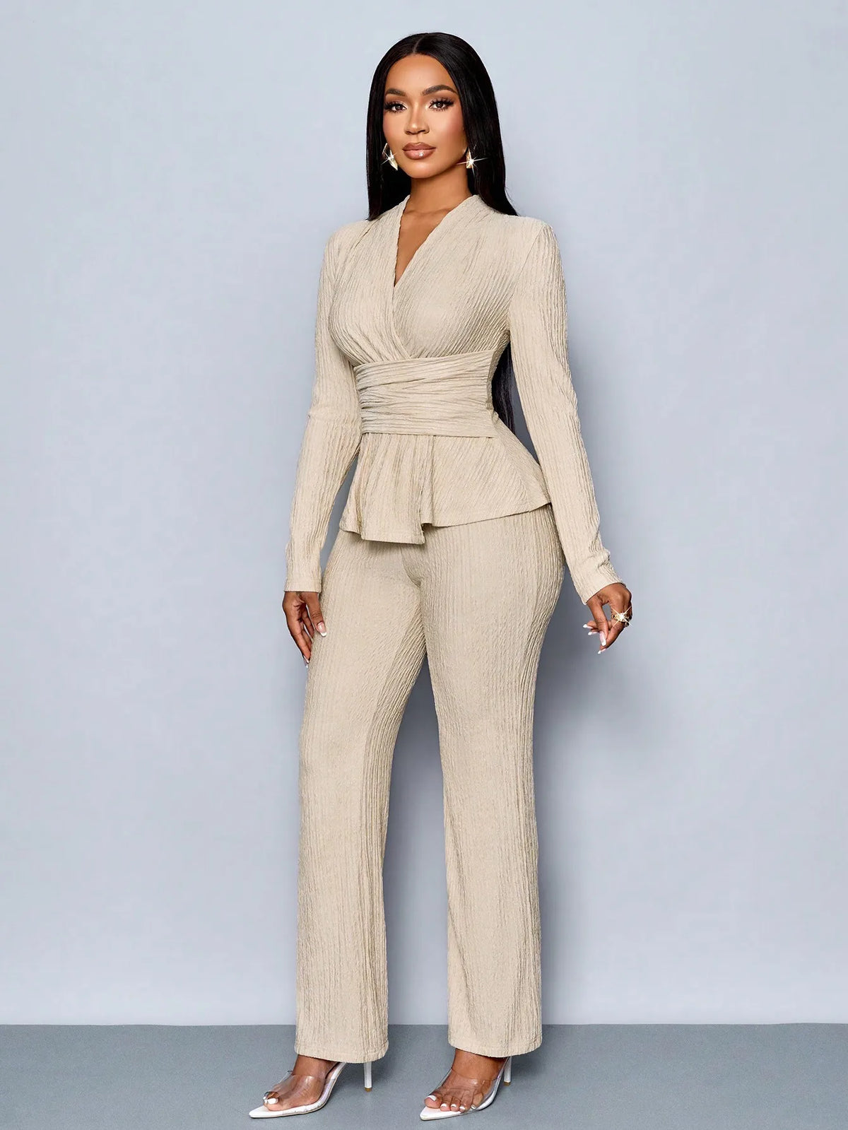 V-Neck Peplum Top & Wide Leg Pants Set – Beige