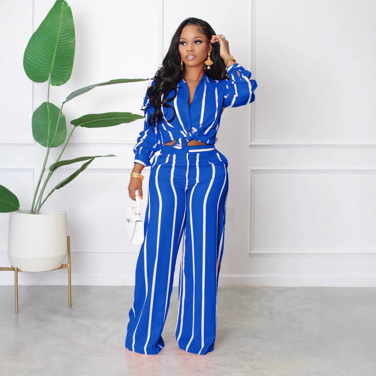 Striped Print Long Sleeve Blouse & Pants Set