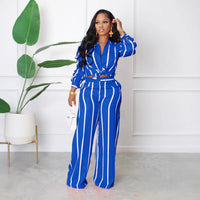 Striped Print Long Sleeve Blouse & Pants Set