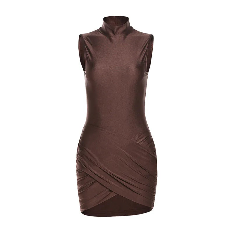 High Neck Pleated Ruffle Bodycon Mini Dress