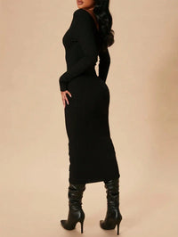 Off-Shoulder V-Neck Ribbed Knit Bodycon Midi Dress