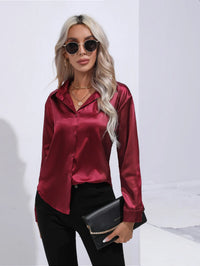 V-Neck Long Sleeve Satin Silk Blouse