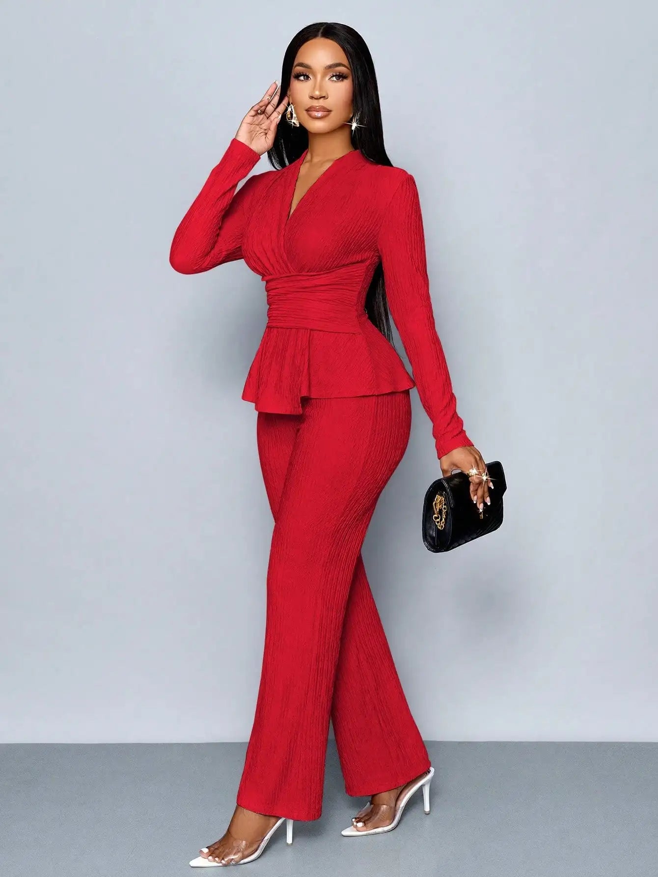 V-Neck Peplum Top & Wide Leg Pants Set – Beige