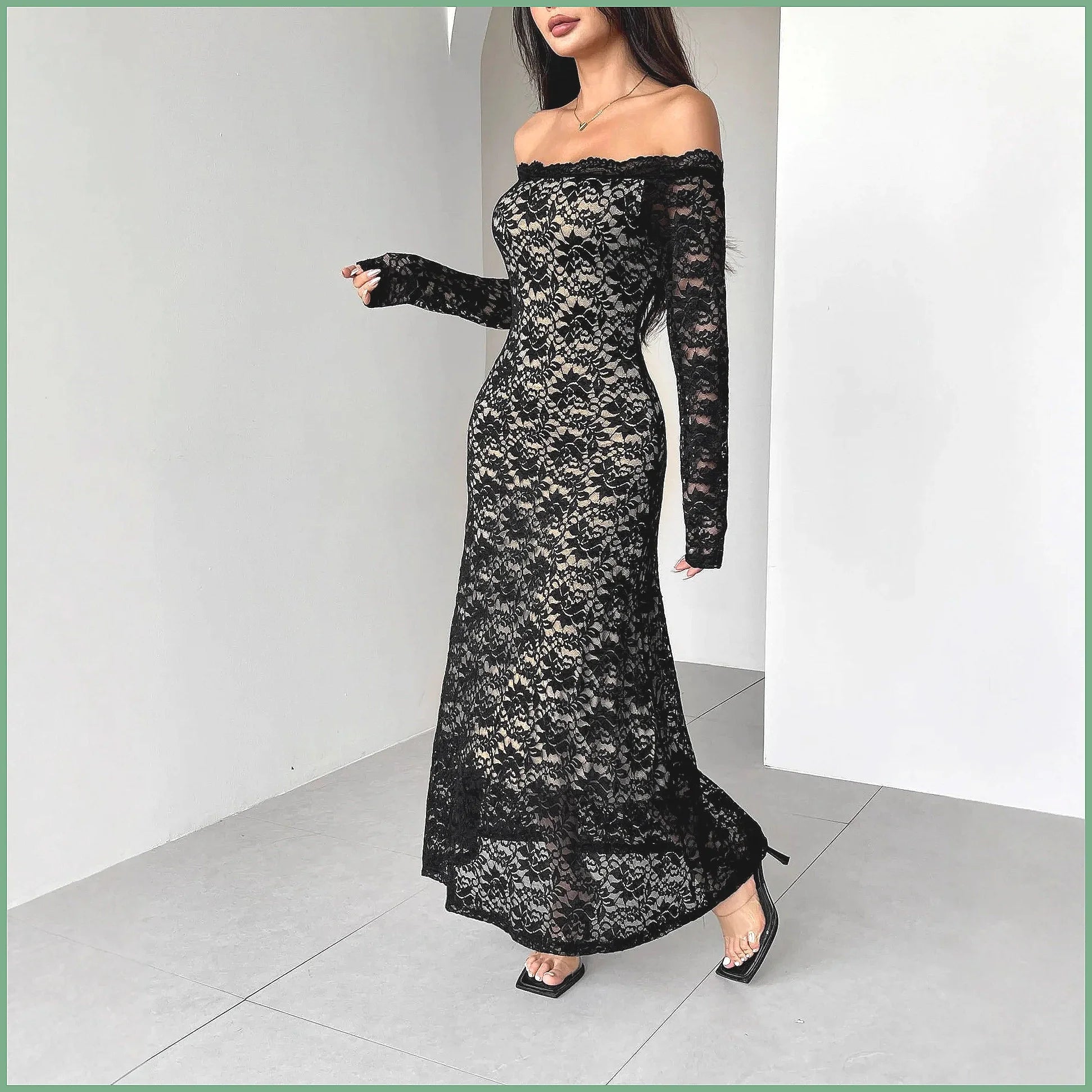 Off-Shoulder Lace Long Sleeve Bodycon Maxi Gown
