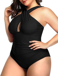 Plus Size Front Cross Tummy Control Backless One-Piece Swimsuit