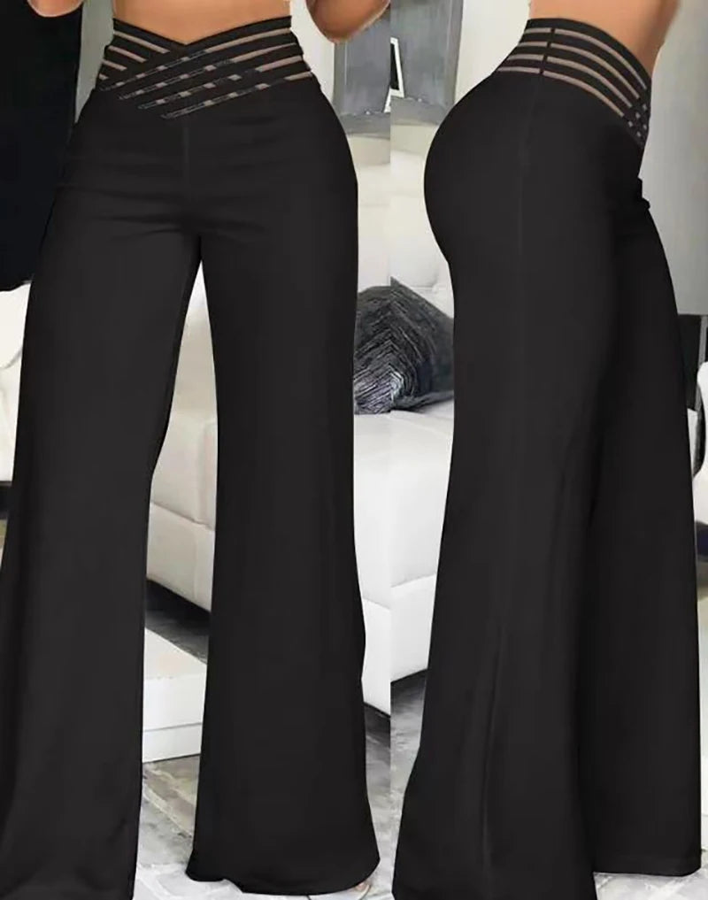High Waist Mesh Patch Wide-Leg Trousers