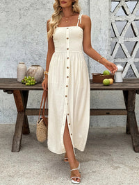 Smocked Button Front Tie Shoulder Midi Dress