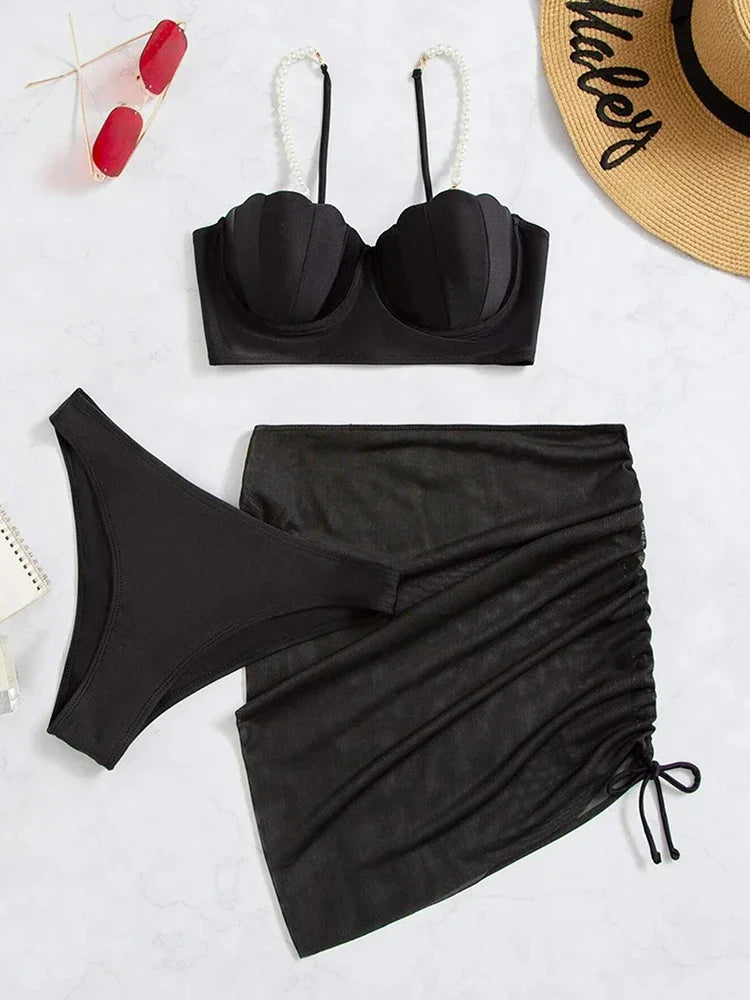 3-Piece Faux Pearl Bikini Set with Skirt