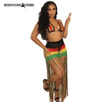 Colorful Hand Crochet Lace-Up Bra & Tassel Maxi Skirt Set