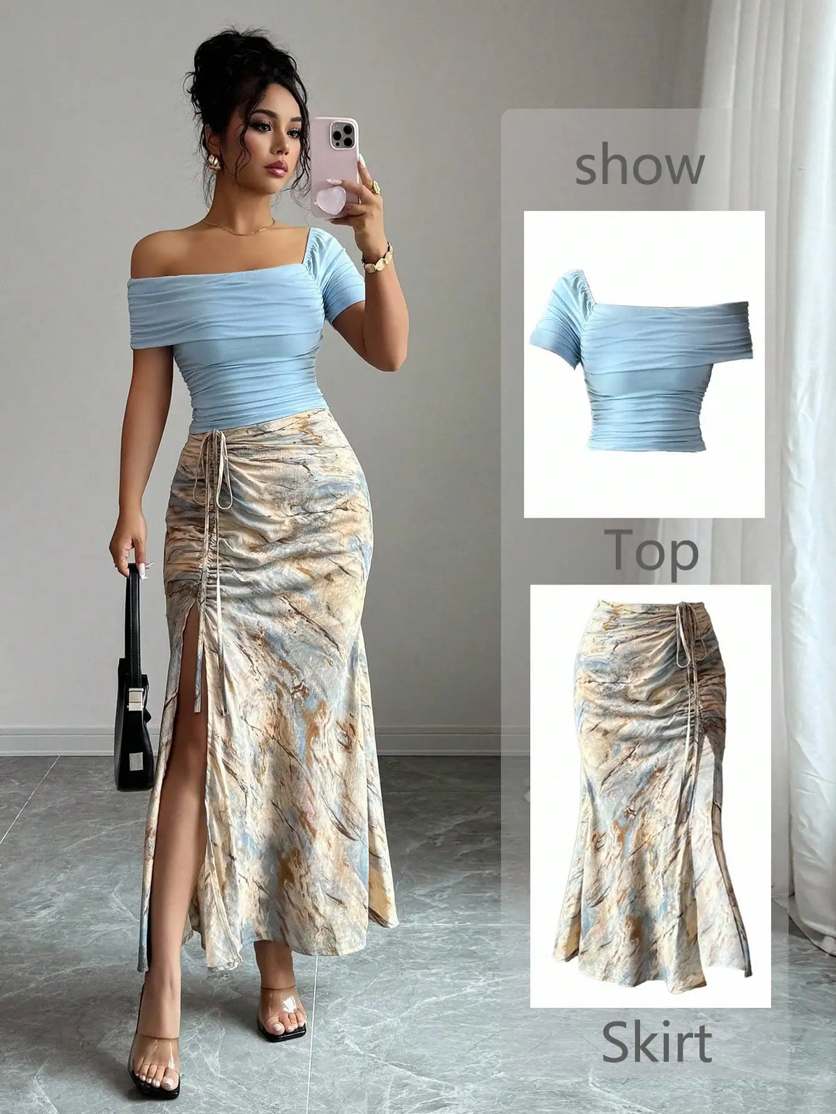 Off-Shoulder Ruched Top & Marble Print Side-Slit Skirt Set
