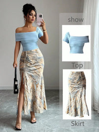 Off-Shoulder Ruched Top & Marble Print Side-Slit Skirt Set