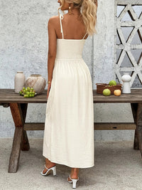 Smocked Button Front Tie Shoulder Midi Dress