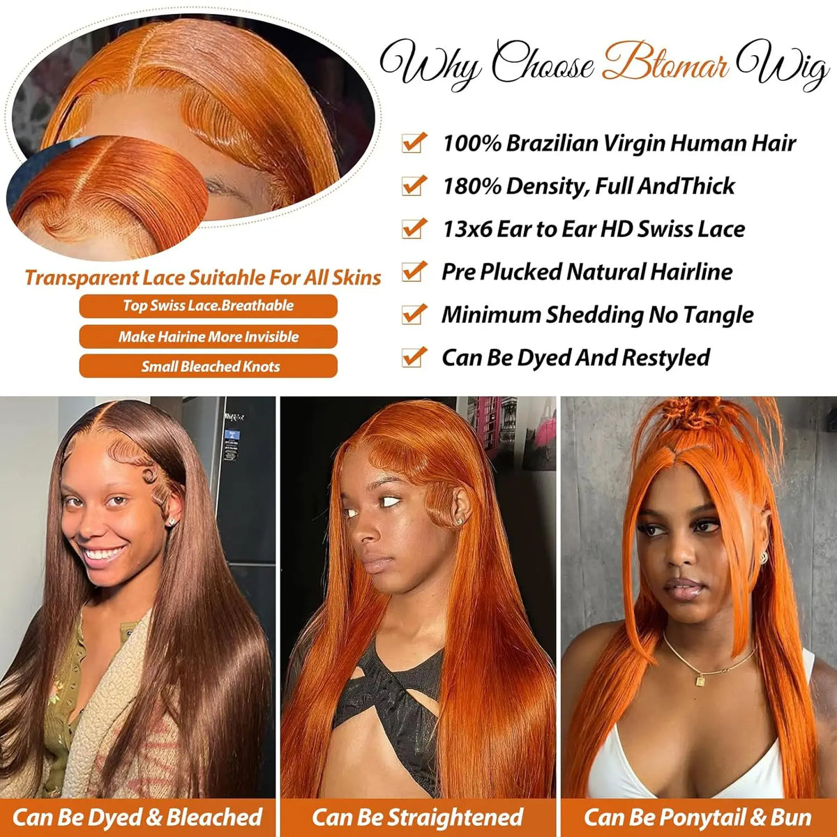 Ginger Orange Straight HD Lace Wig – 13x4 & 13x6 | 180–200 Density