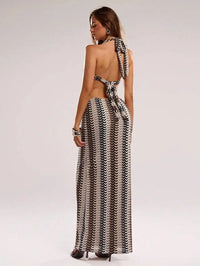 Crochet Halter Neck Cut-Out Maxi Dress with Colorful Striped Pattern for Beach Vacation