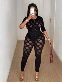 Sheer Mesh Web Pattern High Waist Bodycon Jumpsuit