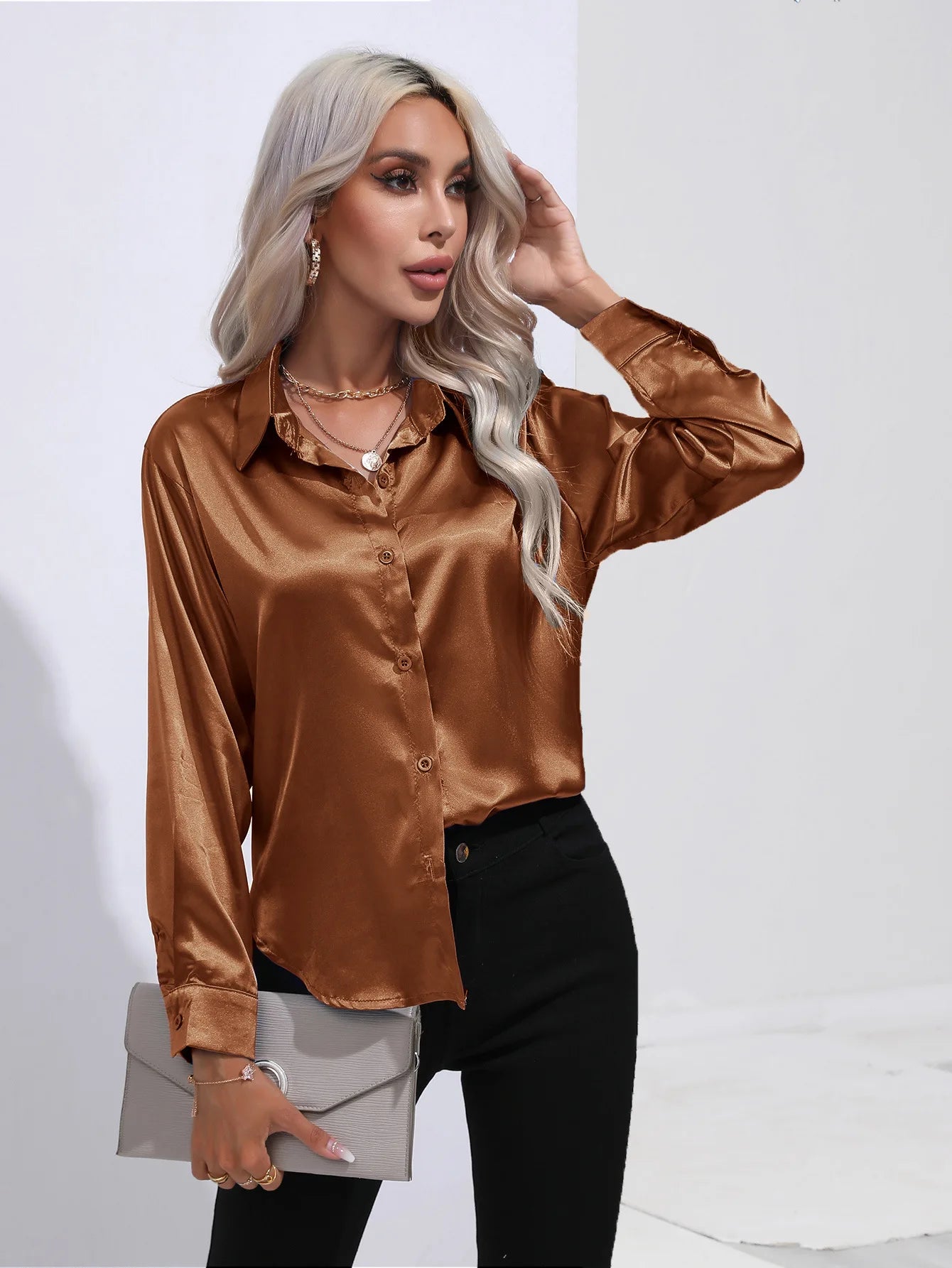 V-Neck Long Sleeve Satin Silk Blouse