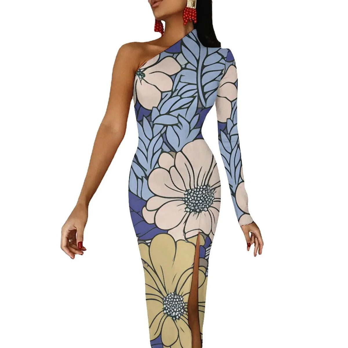 One-Shoulder Floral Print Bodycon Maxi Dress