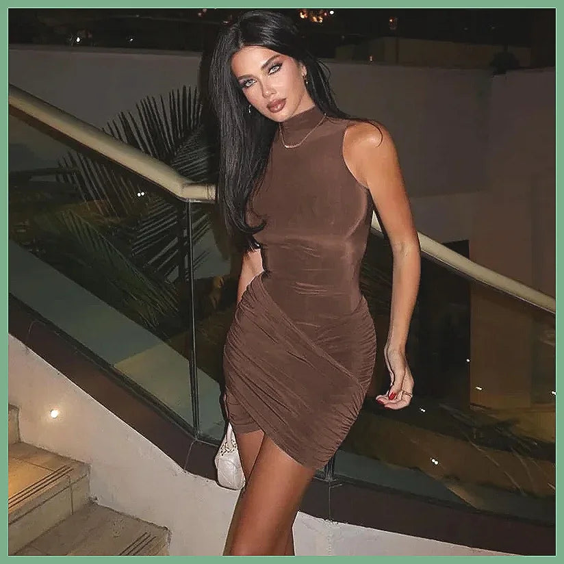 High Neck Pleated Ruffle Bodycon Mini Dress