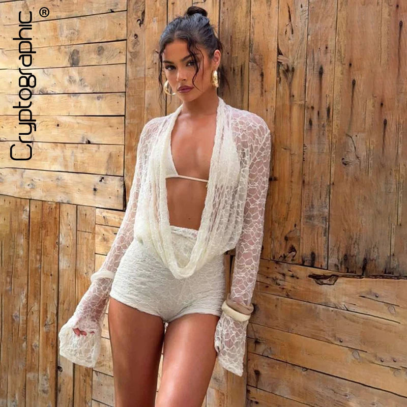 Halter Draped Lace-Up Bikini & Long Sleeve Co-ord 3-Piece Set