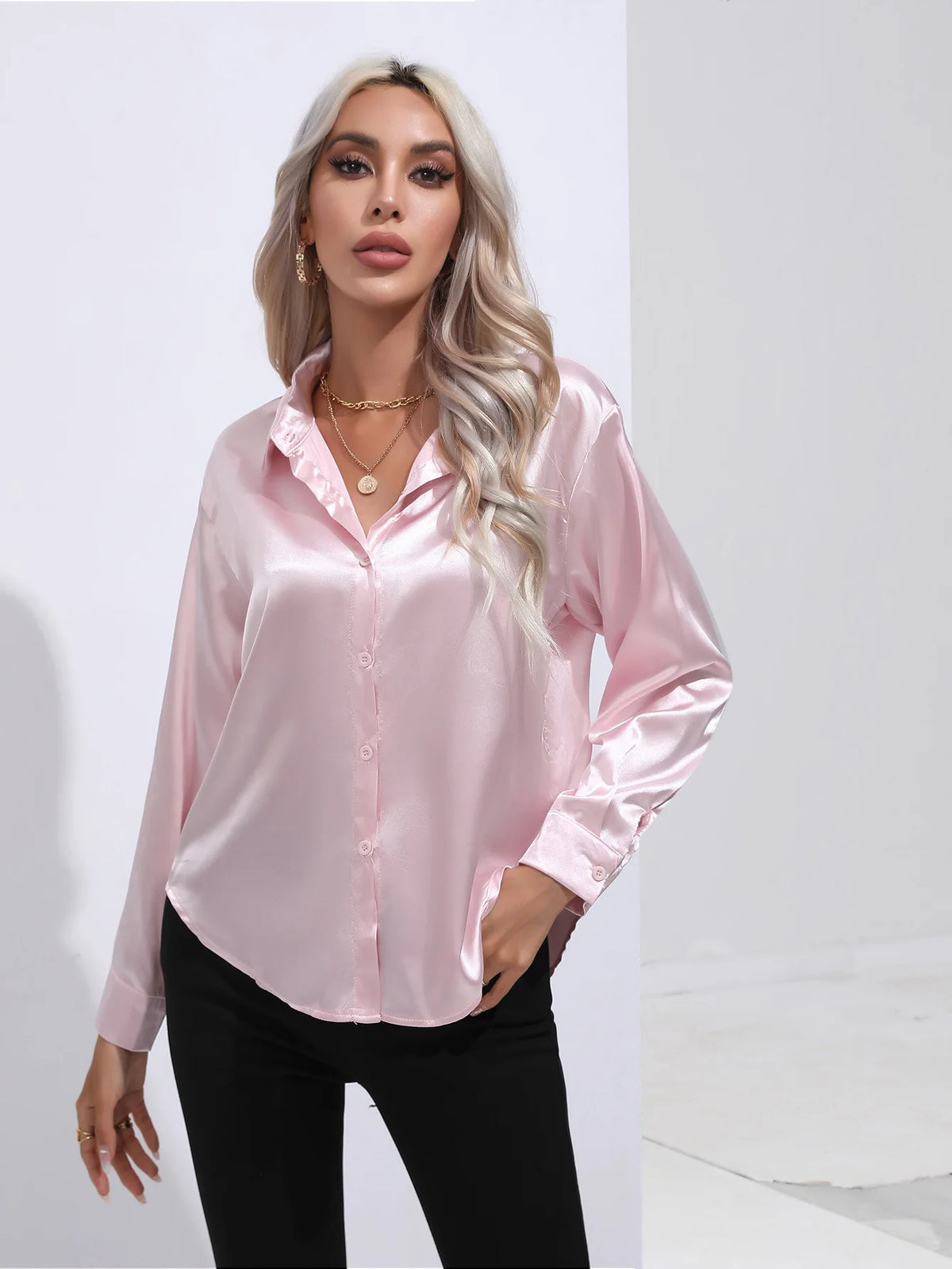 V-Neck Long Sleeve Satin Silk Blouse
