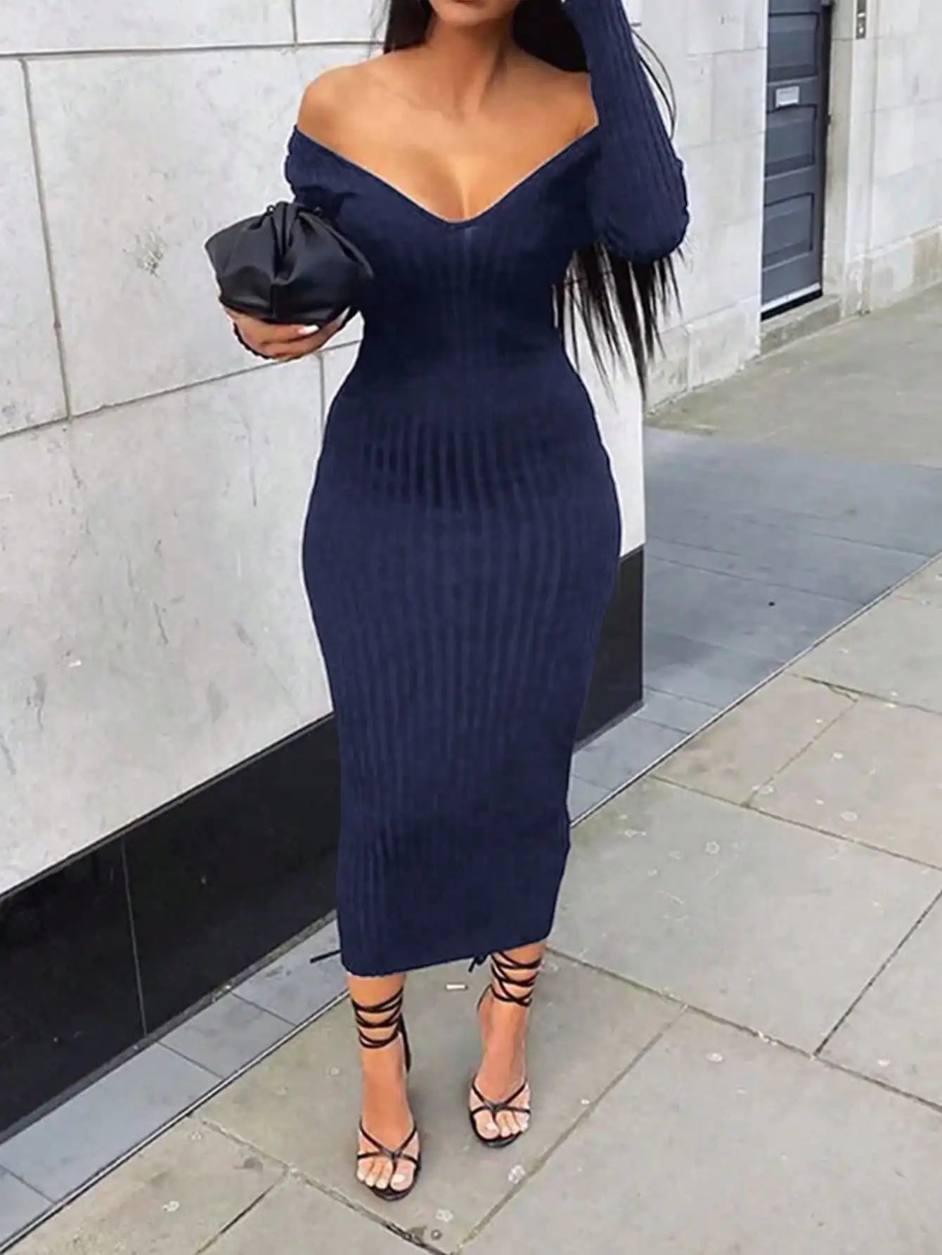 Off-Shoulder V-Neck Ribbed Knit Bodycon Midi Dress