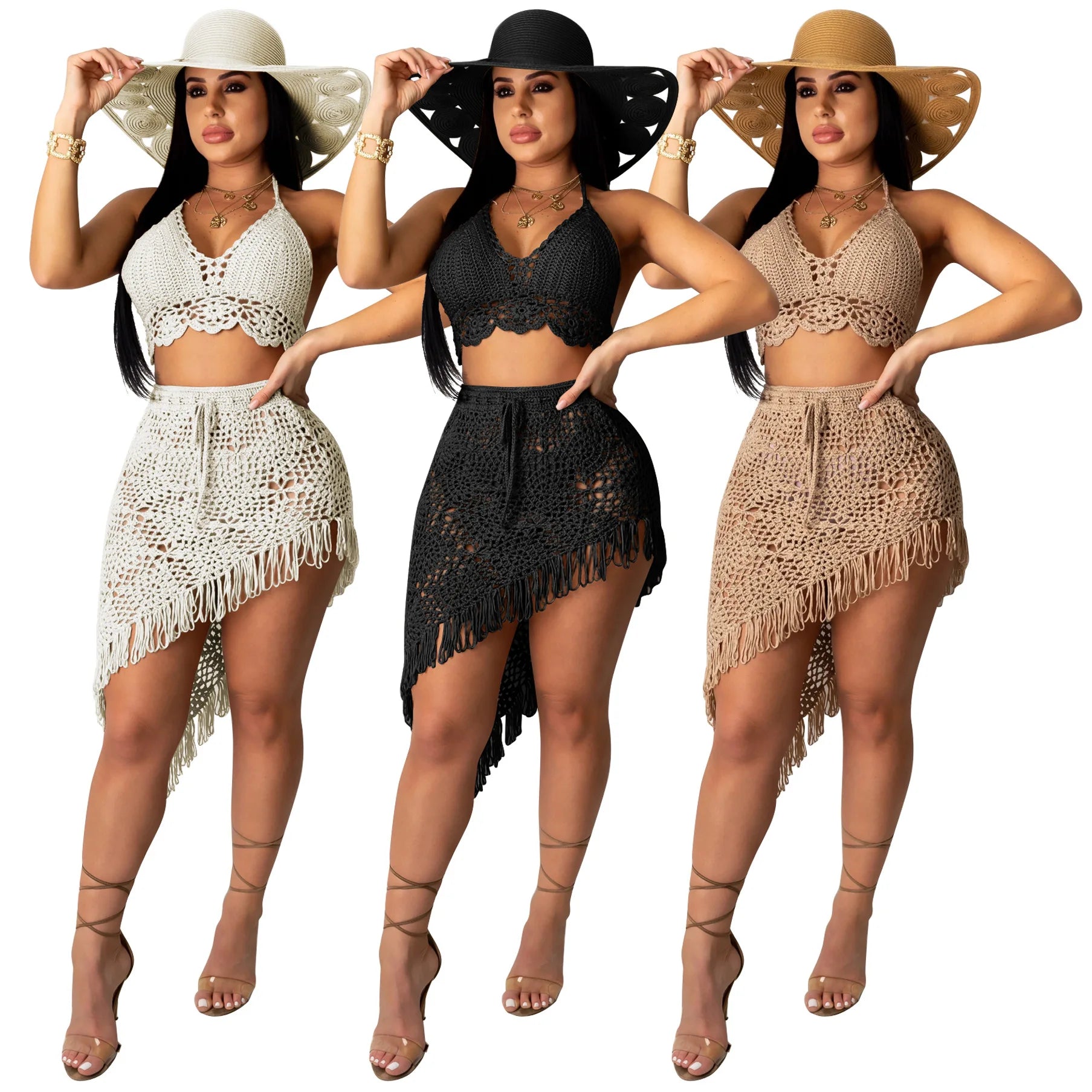 Handmade Crochet Tassel Ruched Maxi Dress