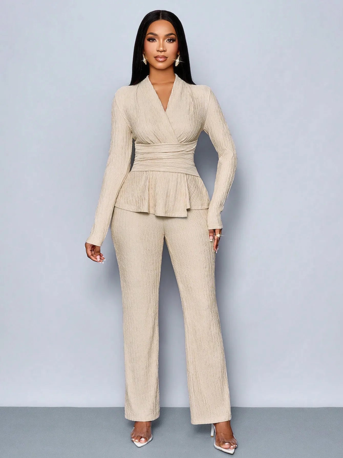 V-Neck Peplum Top & Wide Leg Pants Set – Beige