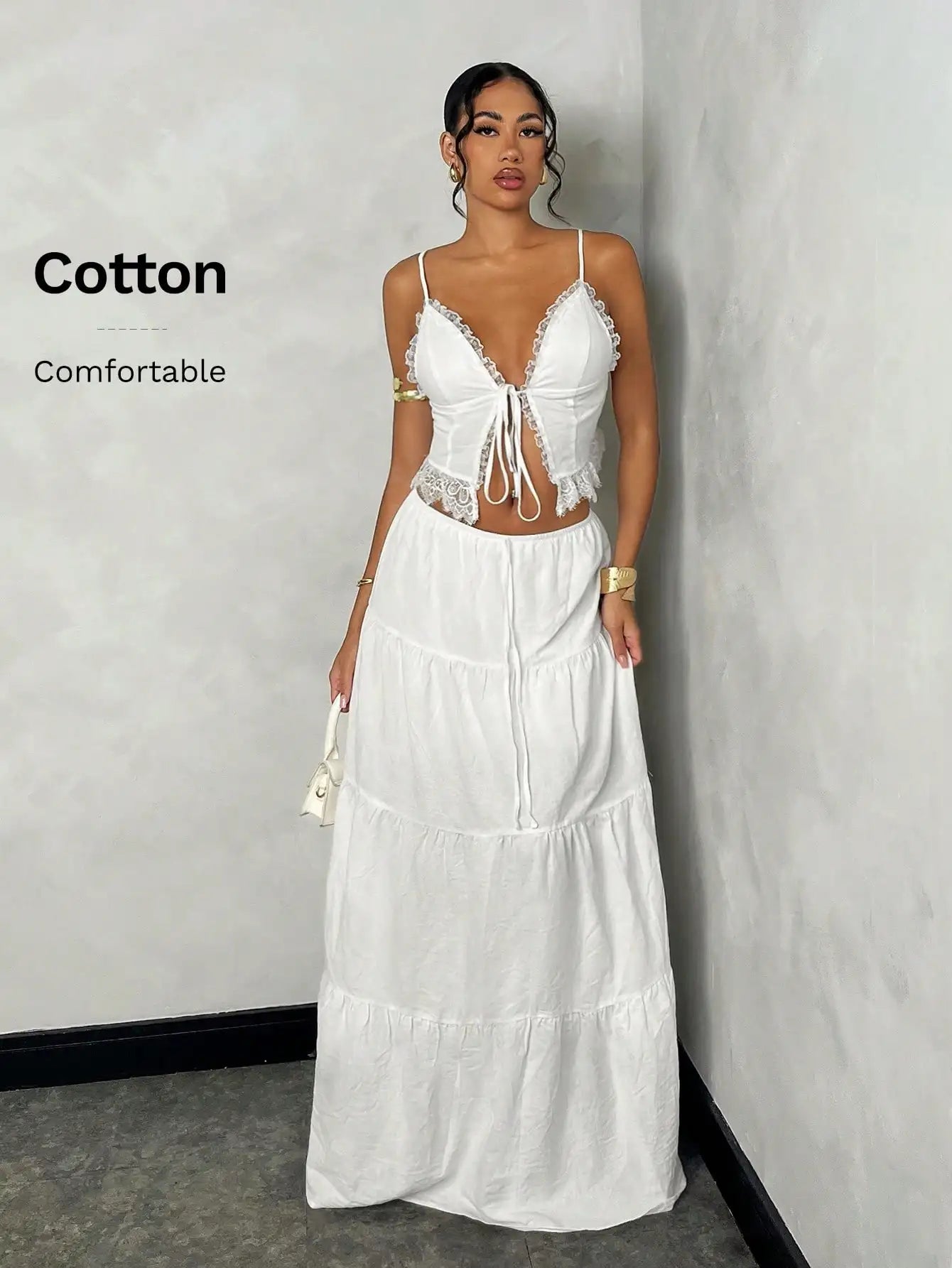 White Lace Trim Cami Top & Tiered Maxi Skirt Set