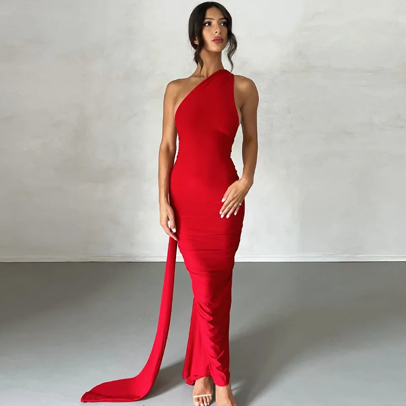 One-Shoulder Backless Ruched Maxi Dress