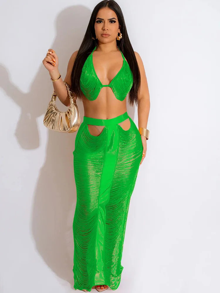 Crochet Tassel Bra Top & Maxi Skirt Set