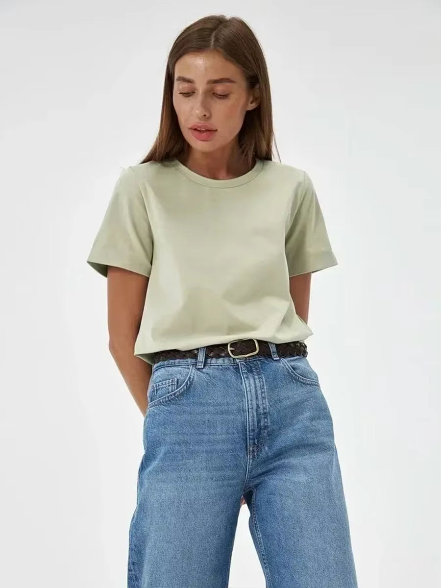 Summer 100% Cotton Women'S T-Shirt Bottoming Basic Fashionable Solid Lady Short Sleeve Loose Tops Shirts 230G/㎡ Tops