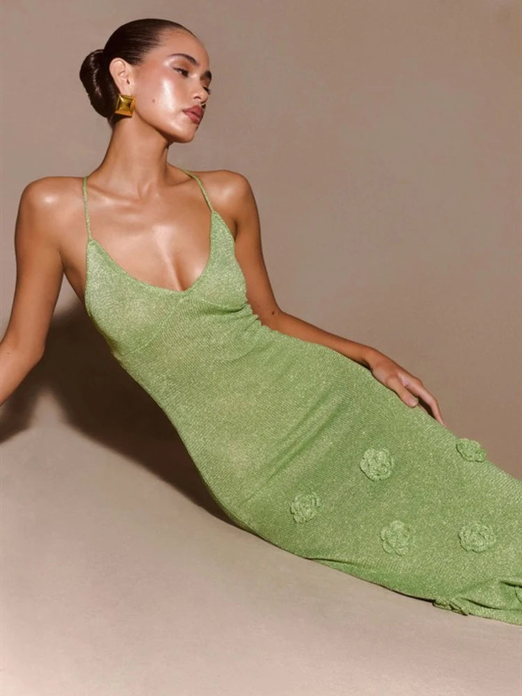 Boho Floral Lace High Waist Crochet Maxi Dress