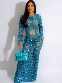 Sequined Crochet See-Through Bodycon Maxi Dress