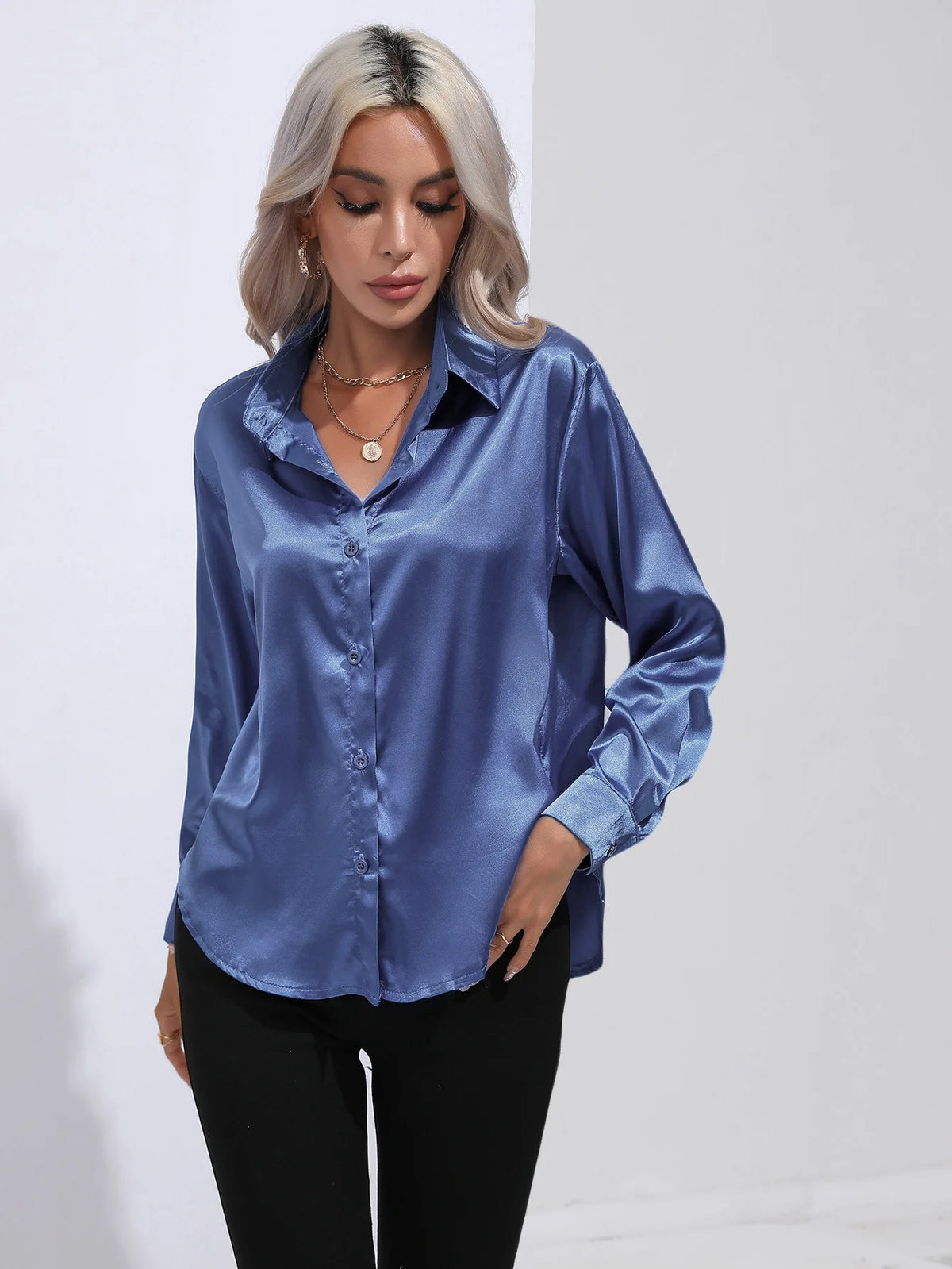 V-Neck Long Sleeve Satin Silk Blouse