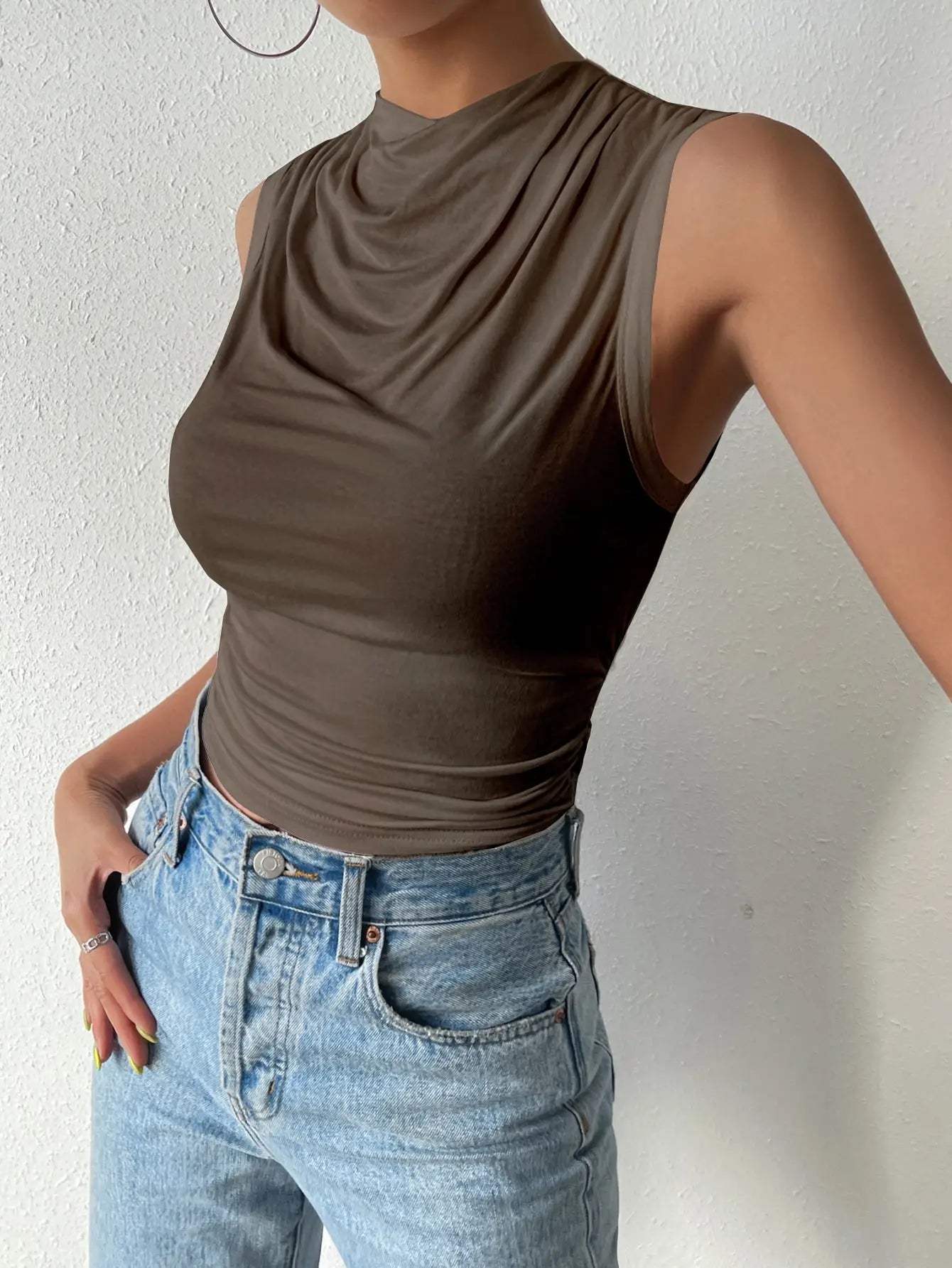 Pleated Half-High Neck Sleeveless Top