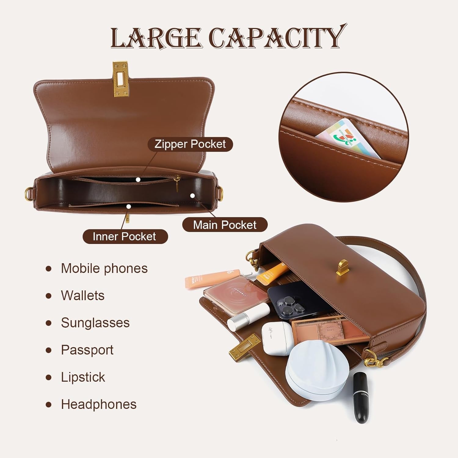Shoulder Bag for Women, Genuine Leather Crossbody Bag Handbag with Removable Adjustable Straps